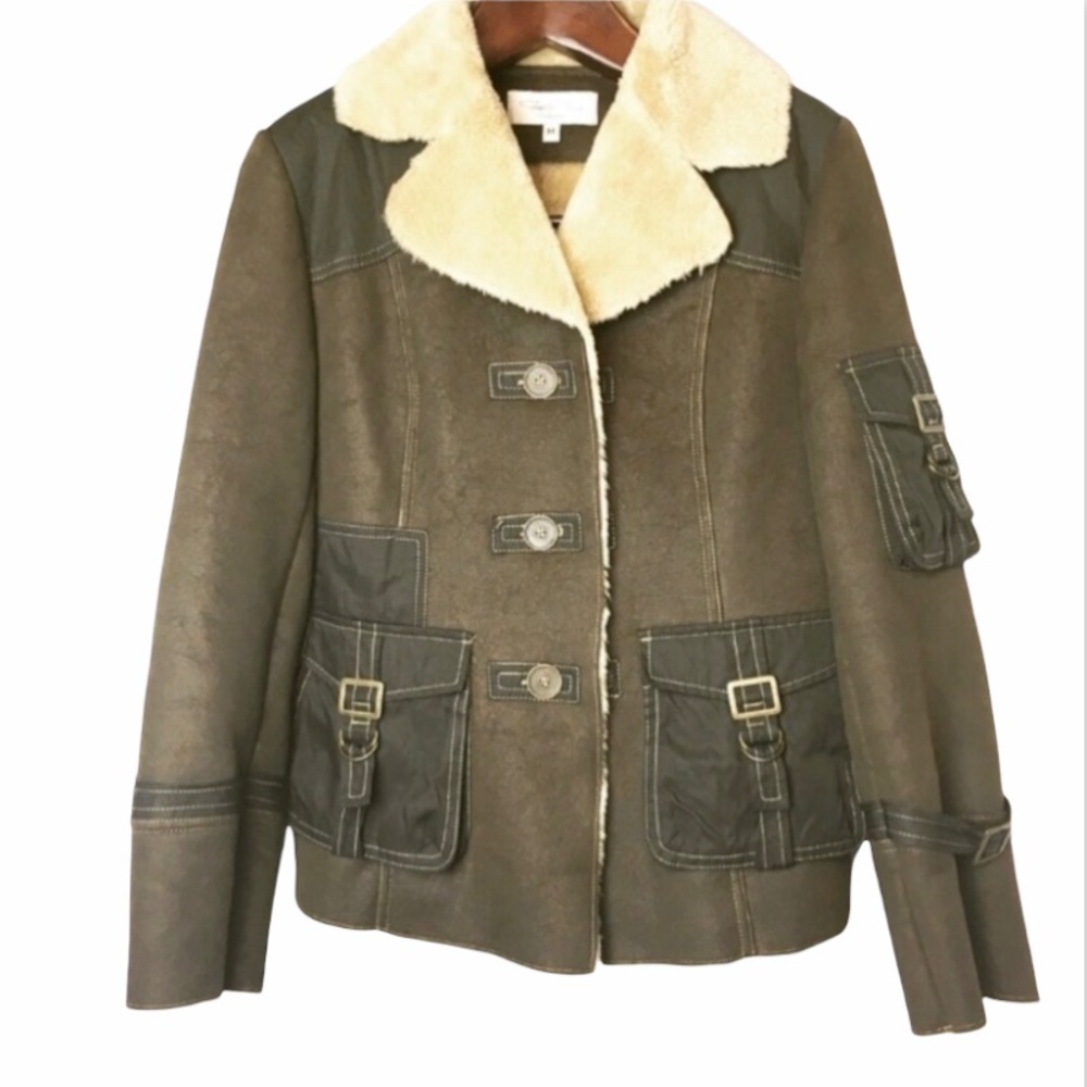 Tasha Polizzi• brown vegan leather shearling military style bomber coat medium